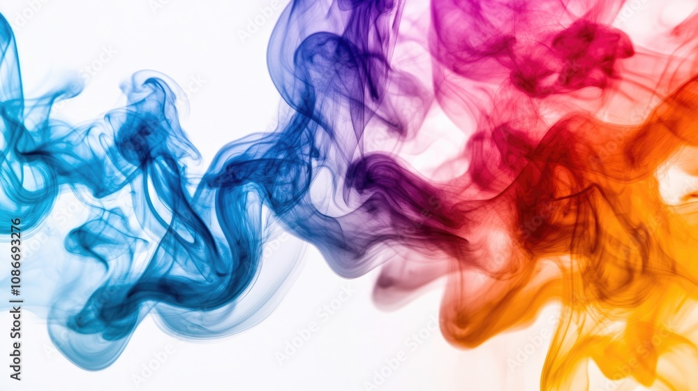 Colorful swirls of smoke in shades of blue, purple, pink, and orange flowing gracefully against a clean white background. Colorful swirls of smoke in shades of blue, purple, pink, and orange flowing gracefully against a clean white background.