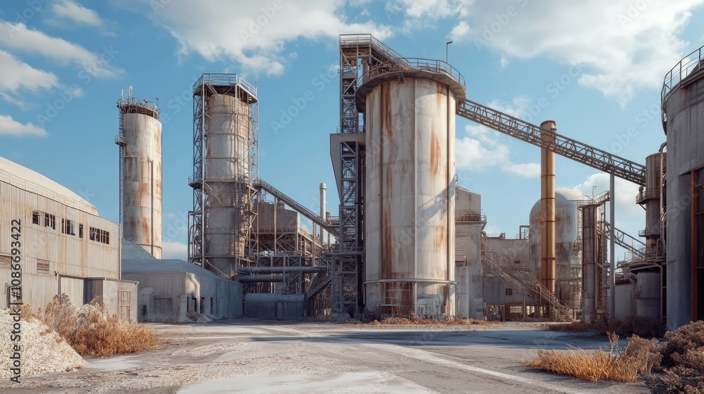 Obraz premium A weathered industrial facility featuring rusted silos and pipes under a clear blue sky.