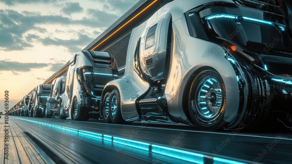 Futuristic silver trucks displayed in a sleek, modern setting, showcasing cutting-edge design and technology. Futuristic silver trucks displayed in a sleek, modern setting, showcasing cutting-edge design and technology.