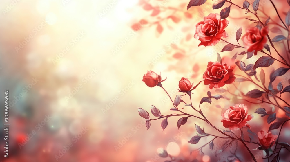 Blossoming red roses with soft bokeh background in a spring atmosphere, ideal for vibrant and uplifting wallpaper designs. Blossoming red roses with soft bokeh background in a spring atmosphere, ideal for vibrant and uplifting wallpaper designs.