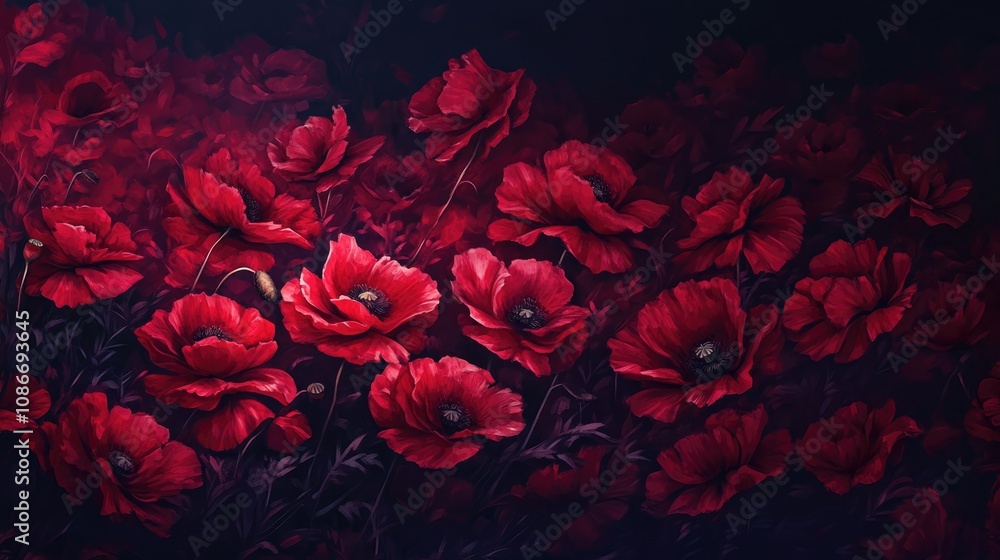 Naklejka premium Vibrant field of red poppy flowers against a dark background, symbolizing remembrance and tribute with lush petals and intricate details.