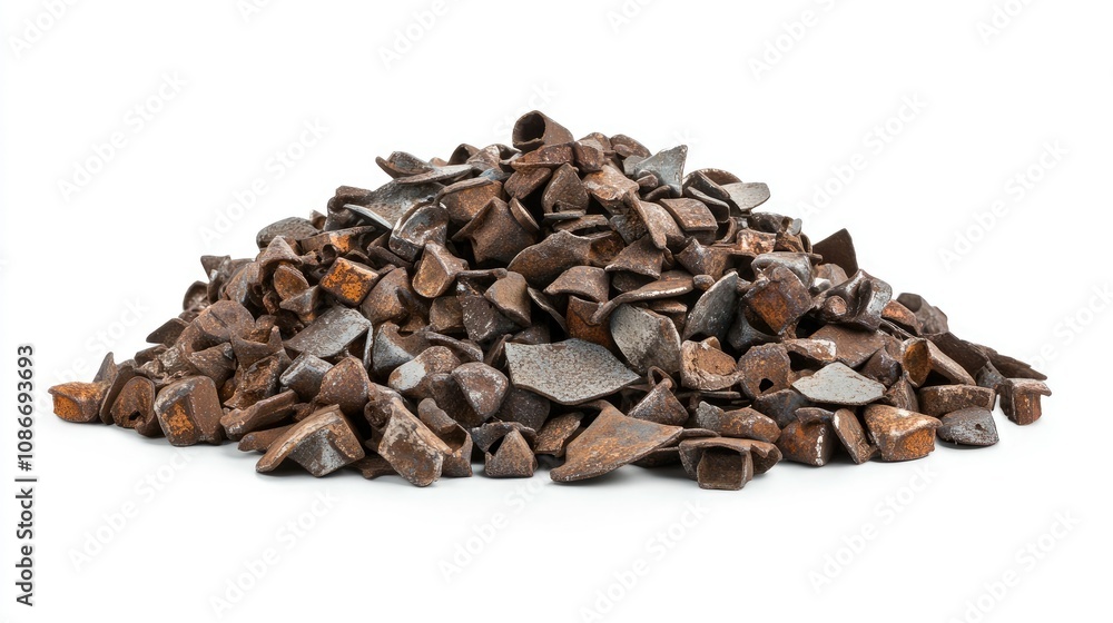 A Heap of Small Brown Metal Scraps and Shavings Piled Together on a White Background for Industrial and Artistic Uses in Crafts or Recycling Projects A Heap of Small Brown Metal Scraps and Shavings Piled Together on a White Background for Industrial and Artistic Uses in Crafts or Recycling Projects