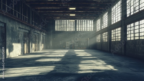 A spacious, well-lit industrial warehouse with large windows casting shadows on the floor.