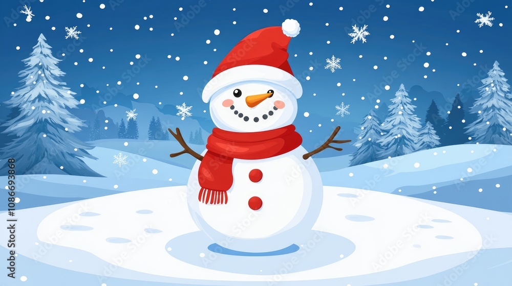 Cheerful snowman wearing a red hat and scarf, surrounded by falling snowflakes and snowy pine trees, perfect for a festive holiday greeting card. Cheerful snowman wearing a red hat and scarf, surrounded by falling snowflakes and snowy pine trees, perfect for a festive holiday greeting card.
