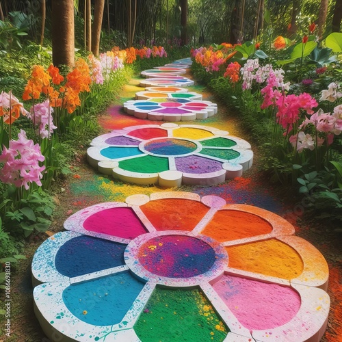 Path markers painted in multiple Holi hues guiding visitors thro photo