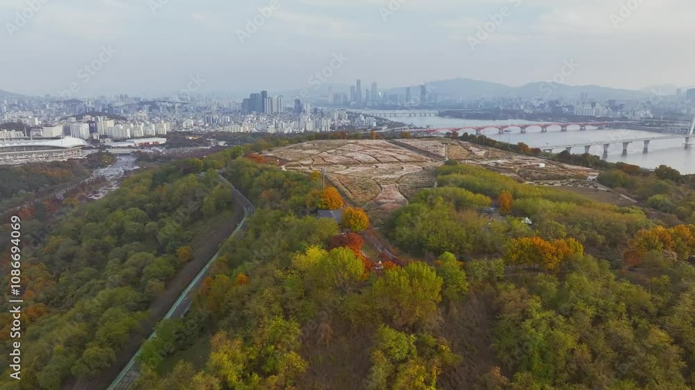 Drone View of Seoul city in South Korea, Sang-am sky park, Autumn 60fps Drone View of Seoul city in South Korea, Sang-am sky park, Autumn 60fps