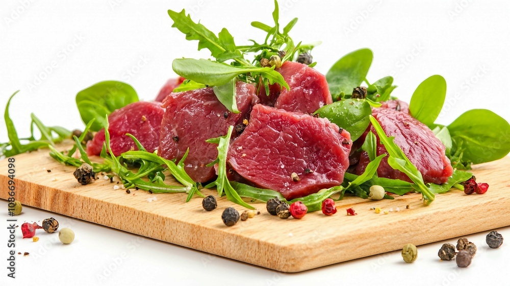 Freshly Cut Raw Meat on Wooden Board with Green Herbs and Colorful Peppercorns for Culinary Use in Cooking, Grilling, and Meat Preparation Freshly Cut Raw Meat on Wooden Board with Green Herbs and Colorful Peppercorns for Culinary Use in Cooking, Grilling, and Meat Preparation