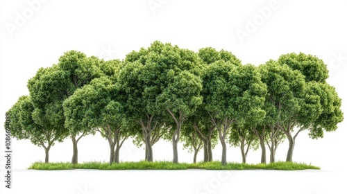 Lush Green Trees in Dense Formation with Vibrant Foliage Against White Background for Nature and Environmental Themes