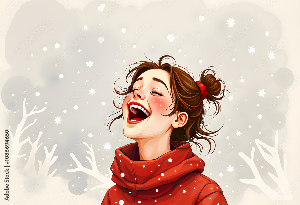 A joyful girl laughing in a snowy landscape while tossing snowballs on a winter afternoon