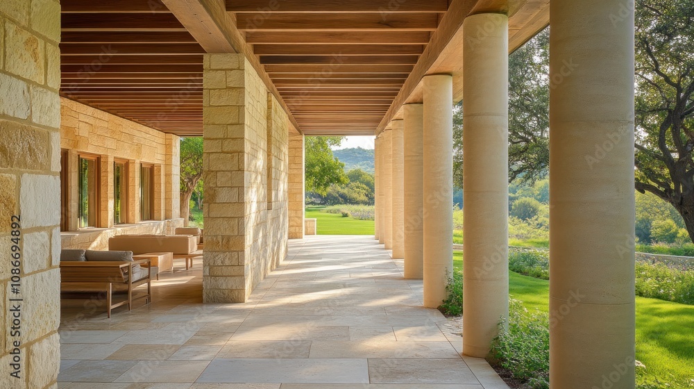 A serene architectural space featuring columns and an open walkway, surrounded by nature. A serene architectural space featuring columns and an open walkway, surrounded by nature.