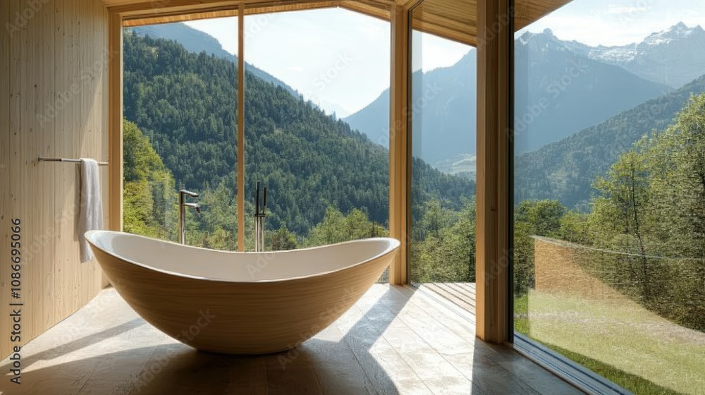 Serene Modern Bathroom with Freestanding Bathtub Overlooking Lush Green Mountains and Clear Blue Sky in a Peaceful Nature Retreat Setting Serene Modern Bathroom with Freestanding Bathtub Overlooking Lush Green Mountains and Clear Blue Sky in a Peaceful Nature Retreat Setting
