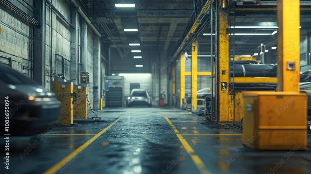 A dimly lit automotive repair shop featuring cars in various states of maintenance. A dimly lit automotive repair shop featuring cars in various states of maintenance.