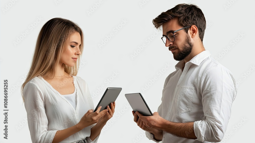 A young Caucasian couple engaging with tablets, showcasing modern technology in a minimalistic setting. A young Caucasian couple engaging with tablets, showcasing modern technology in a minimalistic setting.