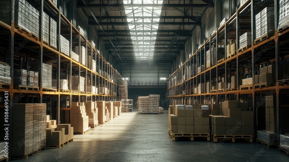 Spacious warehouse interior showcasing neatly stacked pallets and boxes in a well-lit industrial setting. Spacious warehouse interior showcasing neatly stacked pallets and boxes in a well-lit industrial setting.