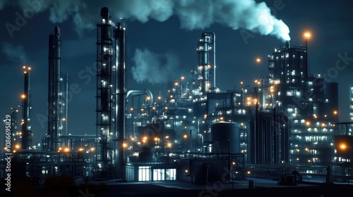 Wallpaper Mural A modern industrial complex illuminated by bright lights at night, showcasing smokestacks and glowing structures. Torontodigital.ca