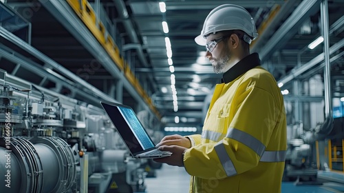 A male engineer in a yellow safety jacket and hard hat uses a laptop in an industrial setting, demonstrating modern technology in manufacturing.