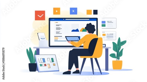 A person sitting at a desk using a laptop, surrounded by various digital elements and plants, illustrating a modern workspace