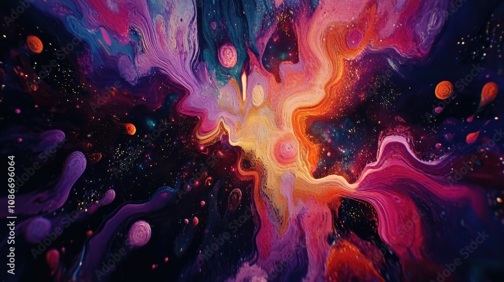 Obraz premium Vibrant Cosmic Abstract Art Featuring Swirls of Colorful Galaxies, Stars, and Planets in a Dreamlike Space Environment