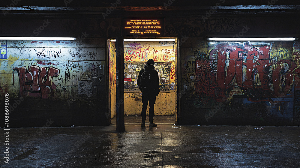 Lone Person Standing by a Subway Entrance at Night, Street Art and Graffiti on the Walls, Highlighting Urban Grit and Isolation Lone Person Standing by a Subway Entrance at Night, Street Art and Graffiti on the Walls, Highlighting Urban Grit and Isolation