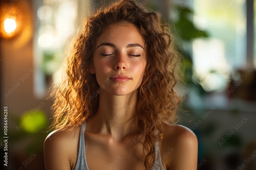 A serene young woman with curly hair, eyes closed, enjoys a moment of peace in a softly lit setting, surrounded by greenery A serene young woman with curly hair, eyes closed, enjoys a moment of peace in a softly lit setting, surrounded by greenery