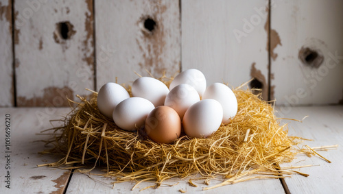 Fresh raw eggs with hey on a rusty wooden background, Chicken eggs on a wooden table, Fresh Chicken eggs on a wooden background, Eggs for hatching photo