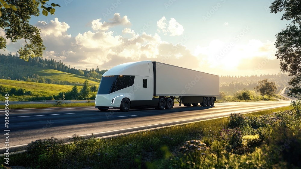 A sleek, futuristic electric truck drives along a scenic highway amidst lush green hills and a vibrant sky. A sleek, futuristic electric truck drives along a scenic highway amidst lush green hills and a vibrant sky.