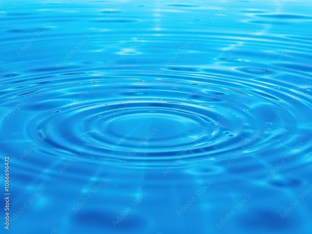 Abstract blue water drops background with ripples and reflections, aqua, wet, water