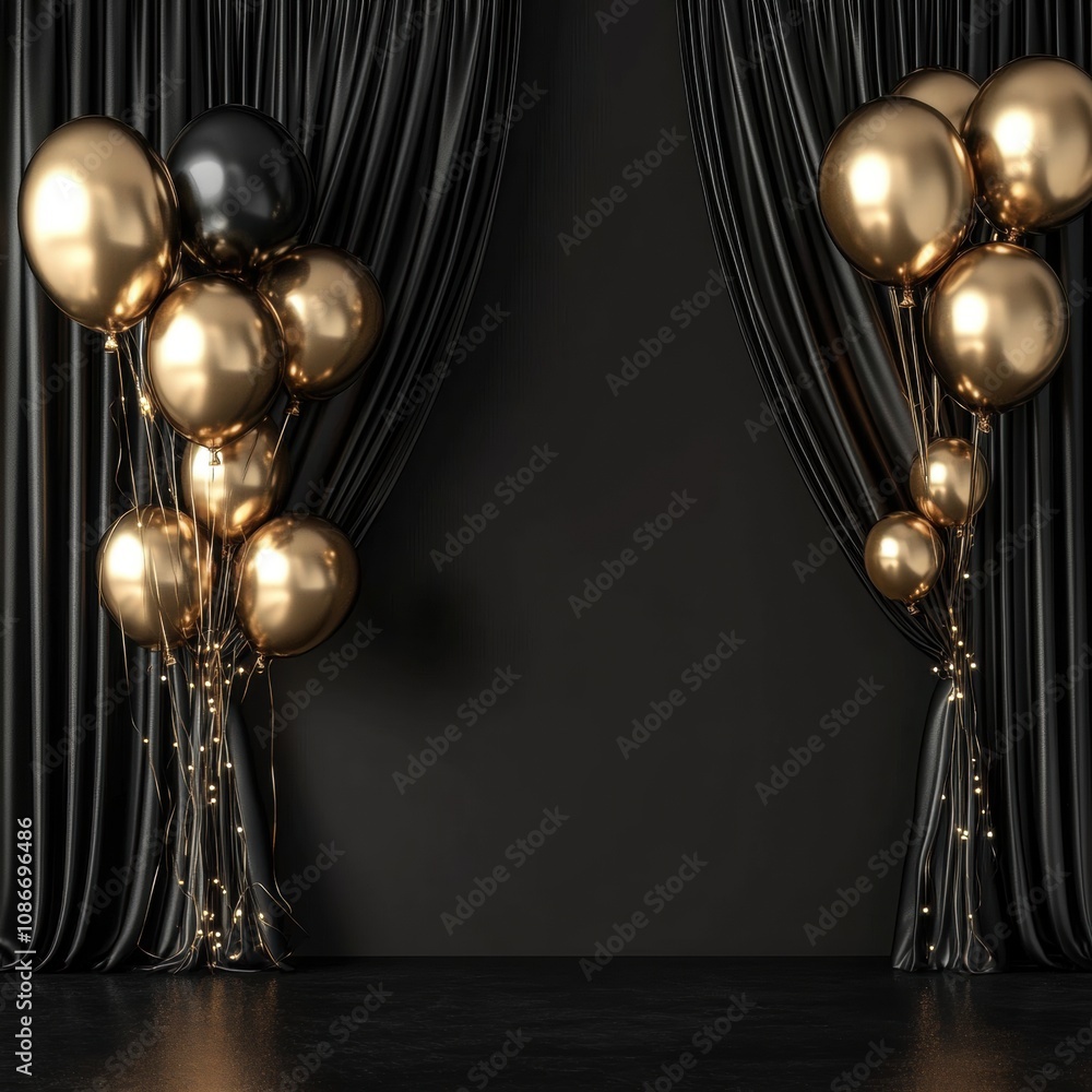Elegant black and gold balloons against a dark backdrop, creating a festive atmosphere. Elegant black and gold balloons against a dark backdrop, creating a festive atmosphere.