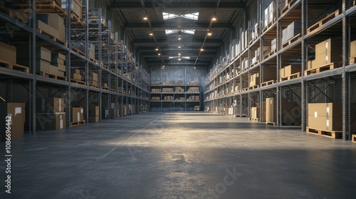 Spacious warehouse showcasing organized shelves filled with cardboard boxes and ample lighting.