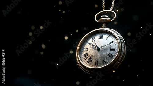 An old pocket watch with floating particles symbolizing the passing of time against a black background. Time and countdown concept banner