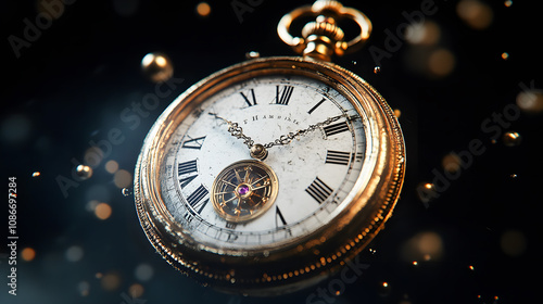 An old pocket watch with floating particles symbolizing the passing of time against a black background. Time and countdown concept banner