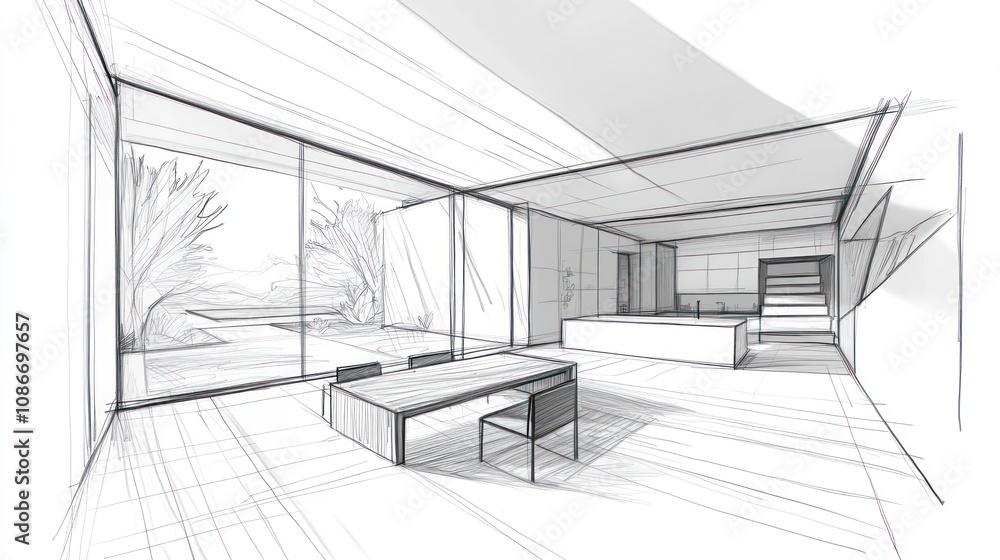 A minimalist architectural sketch of an interior space with large windows and modern furniture. A minimalist architectural sketch of an interior space with large windows and modern furniture.