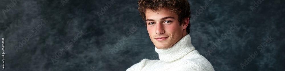 A young man poses confidently in a white turtleneck against a textured dark backdrop. A young man poses confidently in a white turtleneck against a textured dark backdrop.
