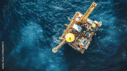 Overhead view of a drilling rig at sea, showcasing dynamic composition and dramatic sky, capturing the essence of ocean-bound energy exploration photo