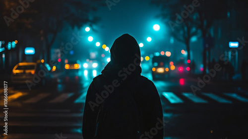 Masked Person Standing at a Crosswalk at Night, Bathed in the Glow of Streetlights and Car Headlights, Creating a Tense Atmosphere 