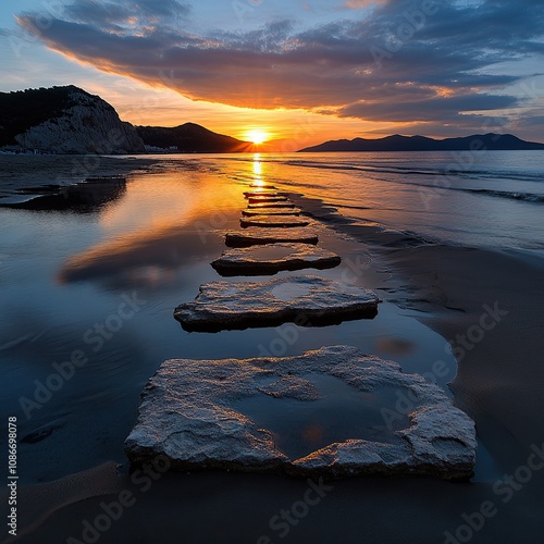 A path of stepping stones leading to the horizon with the sun rising in the distance. photo