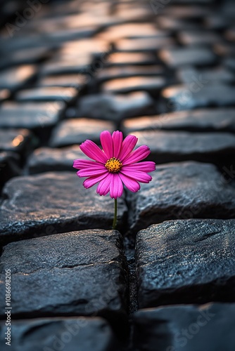A single pink flower blooms through the cracks in a cobblestone street.