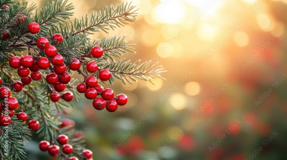 Festive holiday background with vibrant red berries on evergreen branches, illuminated by warm golden sunlight. Perfect for Christmas themes, winter designs, and seasonal greetings Festive holiday background with vibrant red berries on evergreen branches, illuminated by warm golden sunlight. Perfect for Christmas themes, winter designs, and seasonal greetings