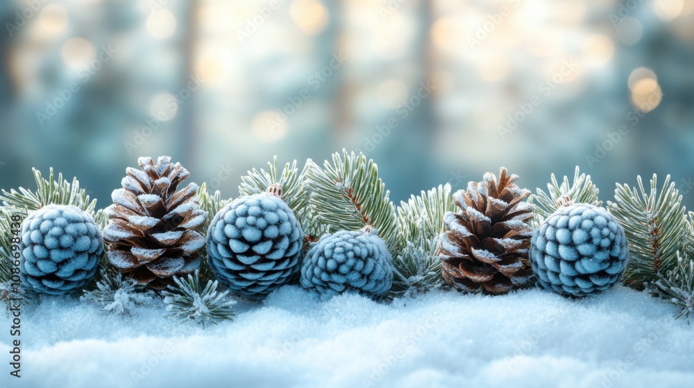Obraz premium Winter holiday background with snow-covered pinecones and evergreen branches. Frosty natural scenery with a festive atmosphere, perfect for Christmas and New Year designs
