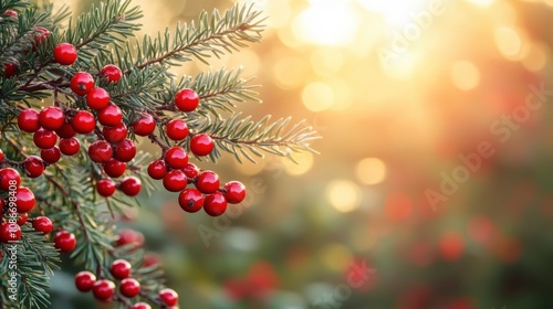 Festive holiday background with vibrant red berries on evergreen branches, illuminated by warm golden sunlight. Perfect for Christmas themes, winter designs, and seasonal greetings