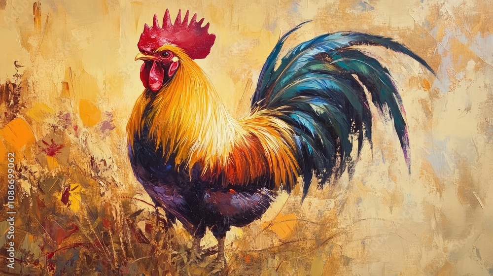 Fototapeta premium A Vibrant Rooster Stands Tall Amidst Wildflowers, Showcasing Its Stunning Plumage in an Impressionistic Style, Perfect for Farm and Nature Themes