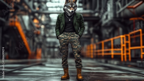 A humanoid figure with a wolf's head stands confidently in an industrial setting.