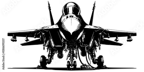 A highly detailed vector of a fighter jet's nose and front landing gear, showcasing the mechanical details