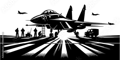 A fighter jet parked on an airfield at dawn, with ground crew preparing it for a mission