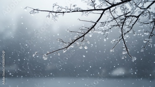 A serene winter scene with softly falling snowflakes clinging to a delicate branch, creating a tranquil atmosphere.