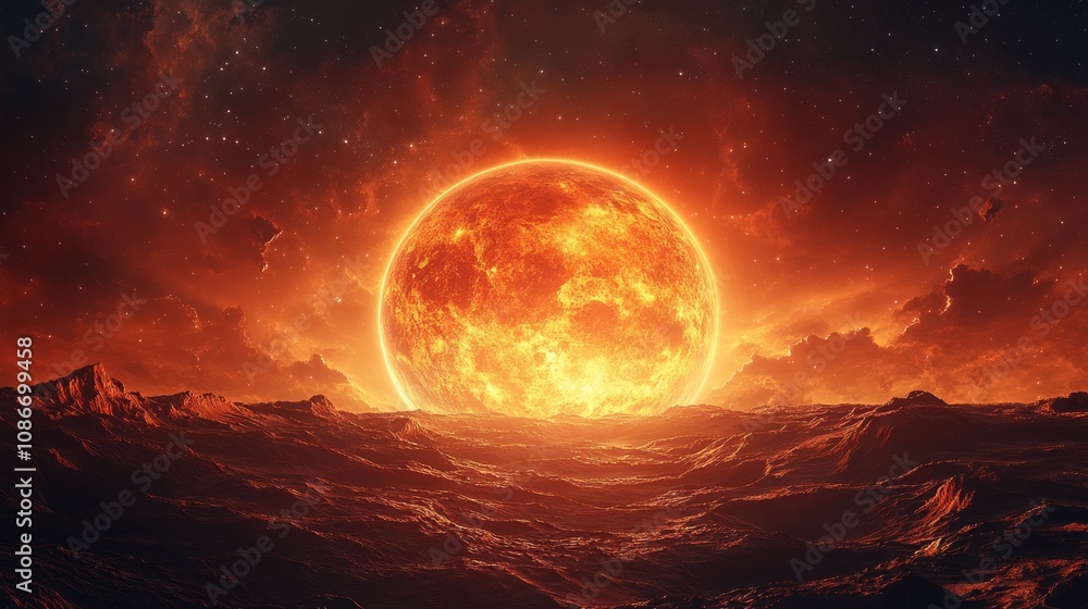 A fiery red sun sets over a rocky, barren landscape, casting an orange glow across the sky. A fiery red sun sets over a rocky, barren landscape, casting an orange glow across the sky.