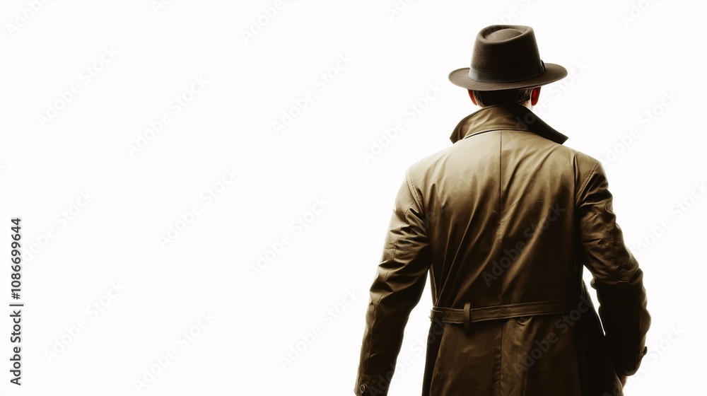 Mysterious Figure in a Trench Coat Walking Away with a Fedora on a White Background, Evoking Intrigue and Enigma Mysterious Figure in a Trench Coat Walking Away with a Fedora on a White Background, Evoking Intrigue and Enigma