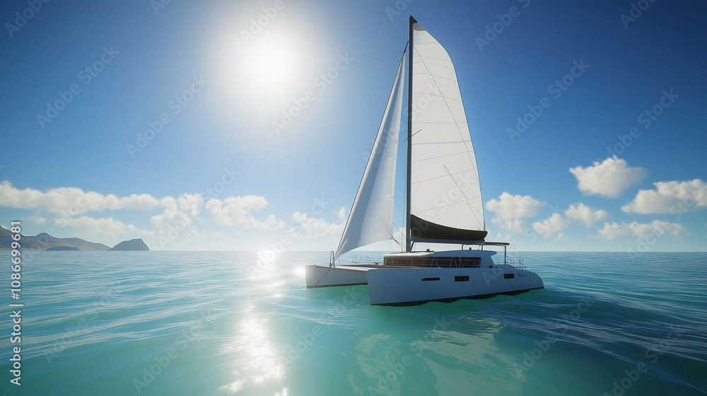 Fototapeta premium Elegant Sailboat Sailing Calm Blue Ocean Under Sunny Sky
