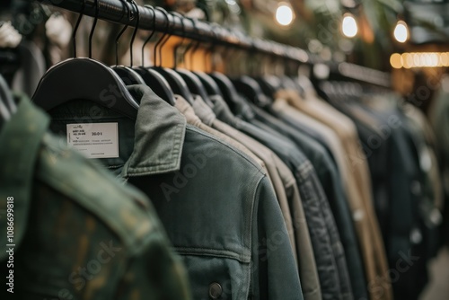 A display of various jackets hanging on a rack in a stylish retail environment.