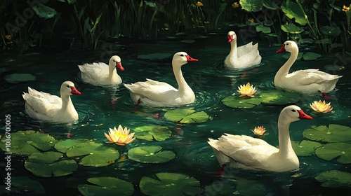 Seven white swans swim in a pond with lily pads. photo